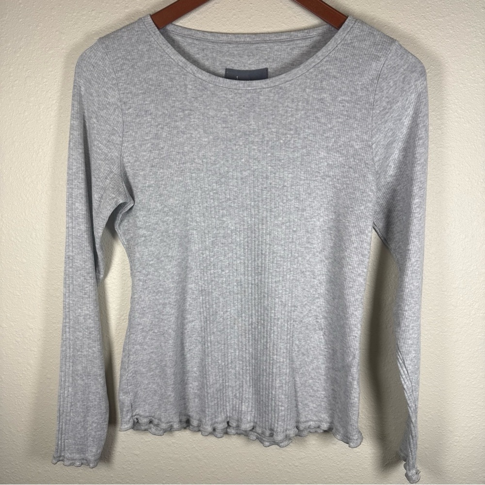 Anthropologie Gray Ribbed Basic Long Sleeve Tee Lettuce Hem M Stretch